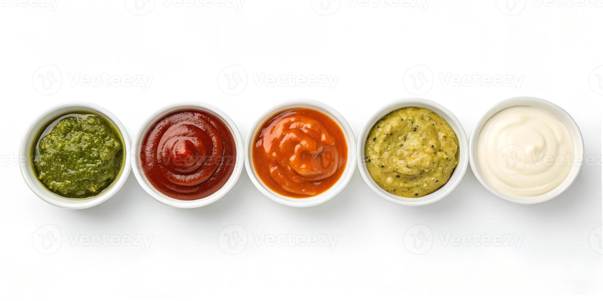Top View of Various Colorful Sauces in Small Bowls photo