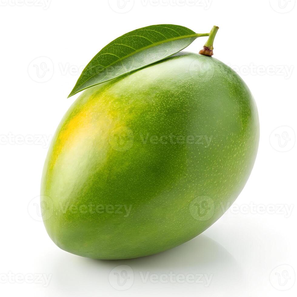 Fresh Green Mango with Stem Isolated on White photo