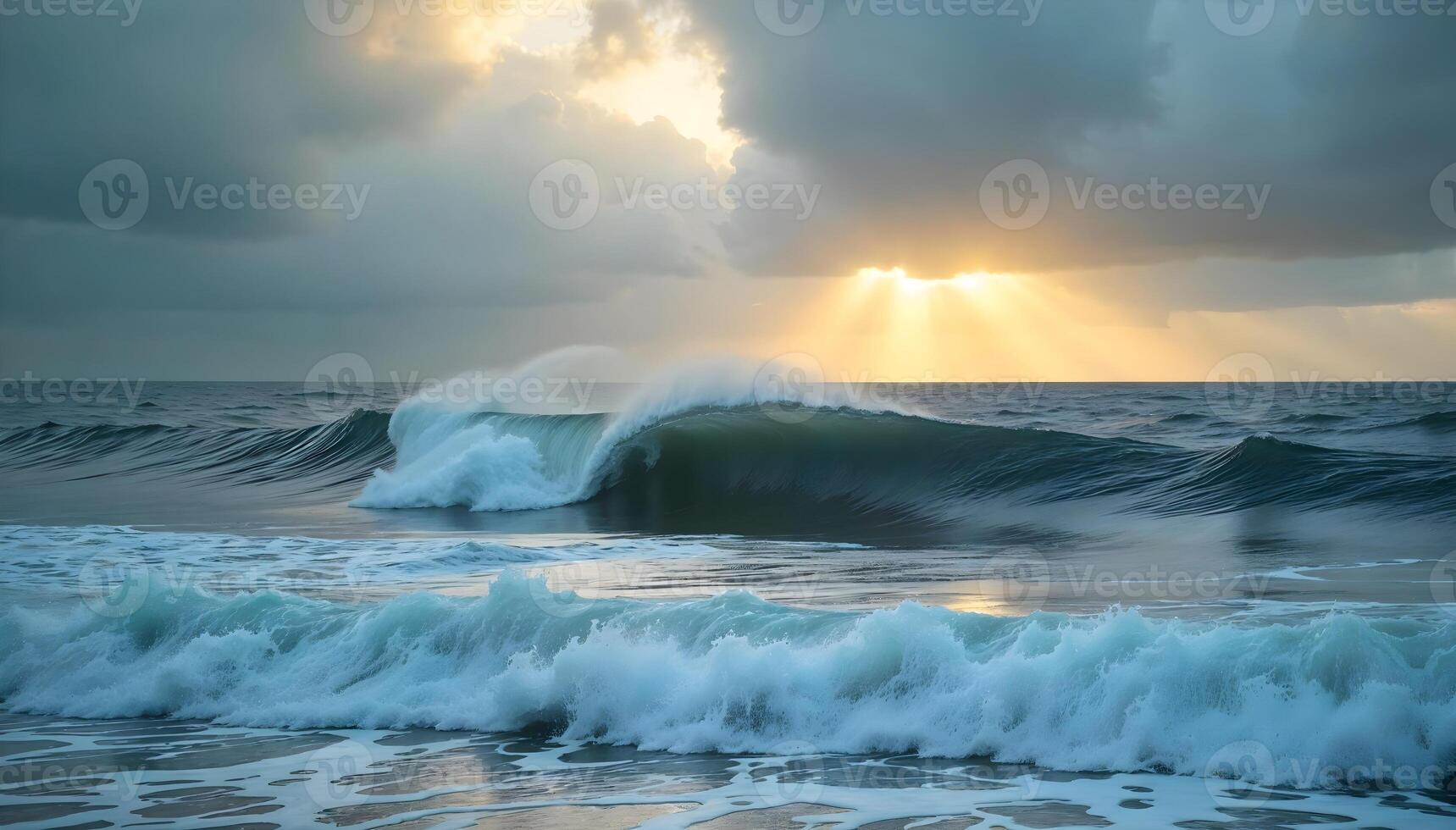 Dramatic Ocean Wave at Sunrise with Sun Rays Breaking Through Clouds photo