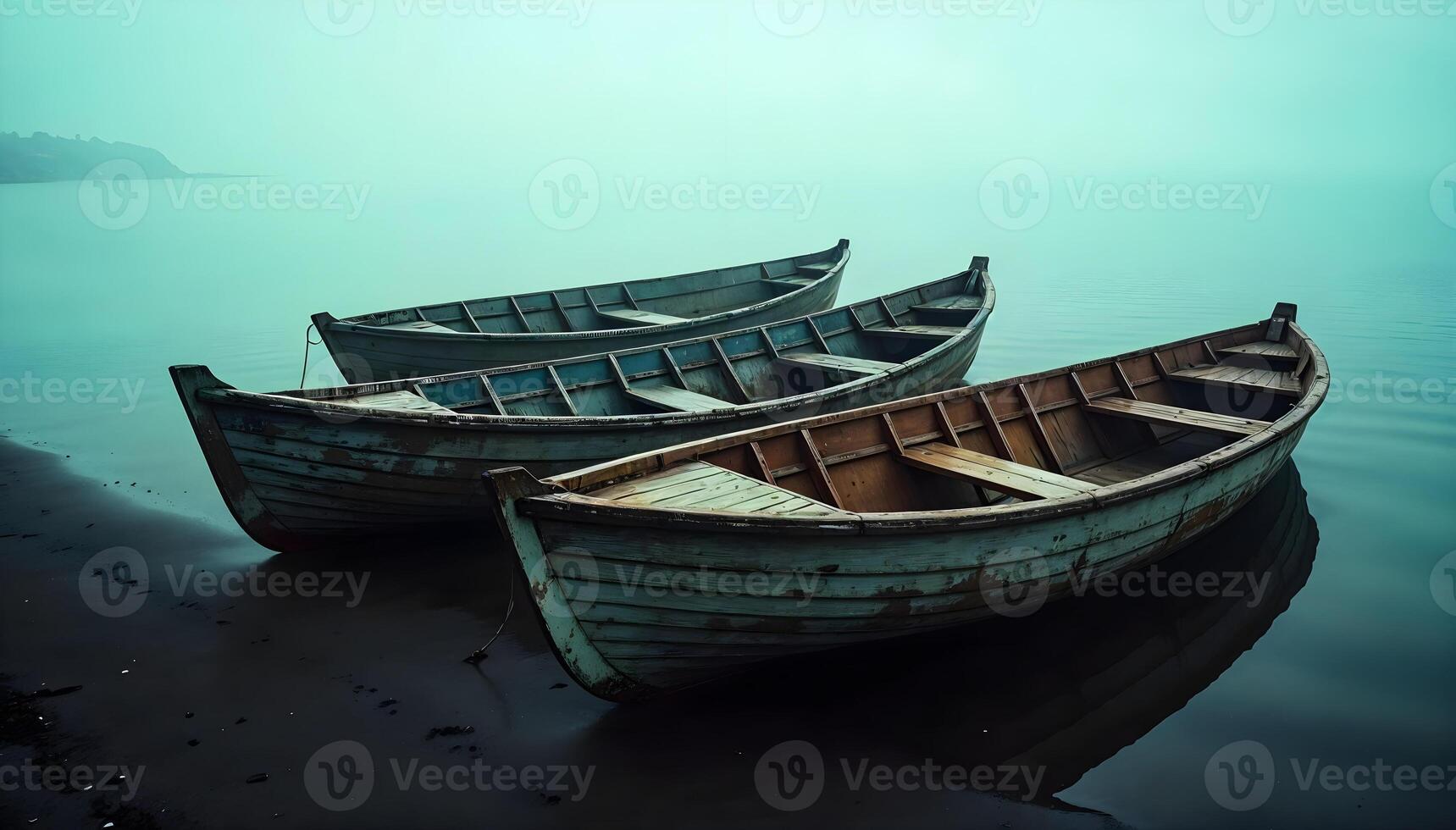 Three Weathered Wooden Boats at Dawn on a Misty Lake photo