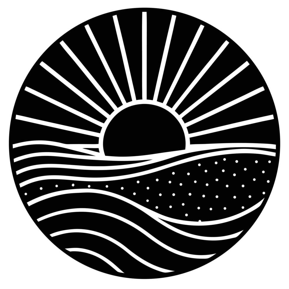 Minimalist sunset over water black and white circular design illustration vector