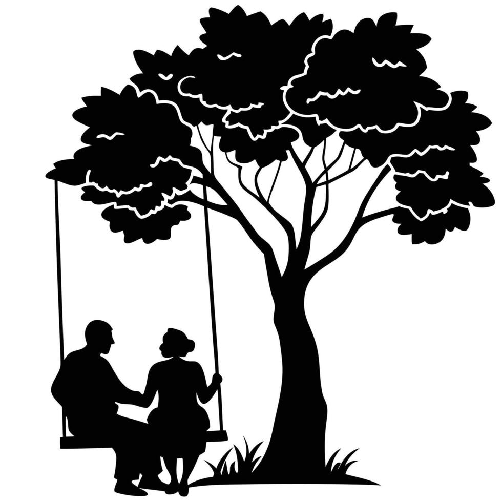 Elderly couple silhouette on swing beneath tree black and white illustration vector