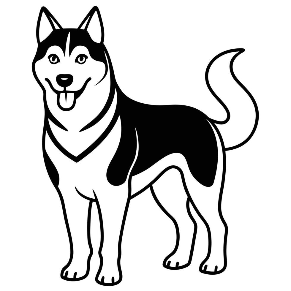 Black and white husky dog illustration standing calmly with a happy expression vector
