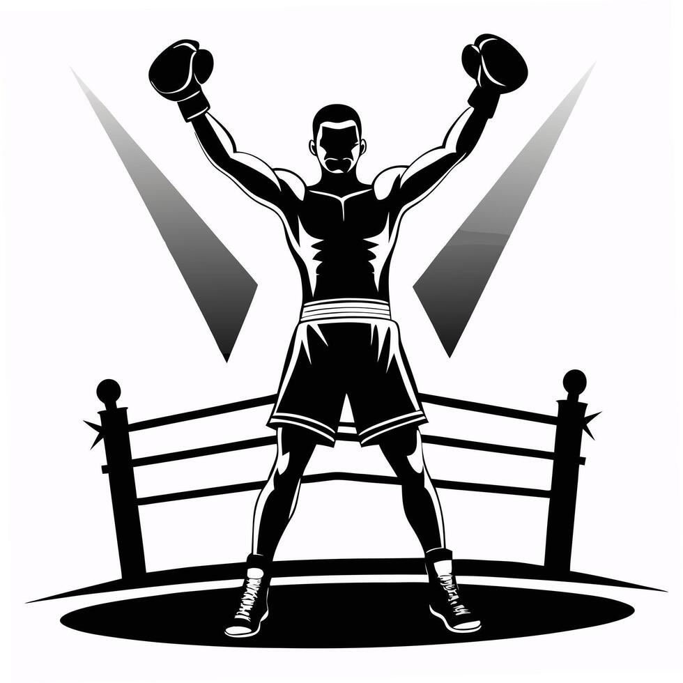 Champion boxer silhouette celebrating victory in boxing ring with spotlights isolated vector