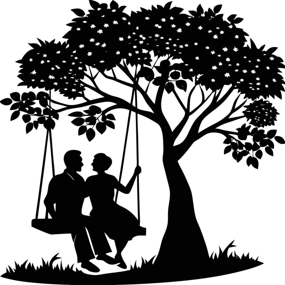 Romantic silhouette of a couple on a swing under a tree illustration vector
