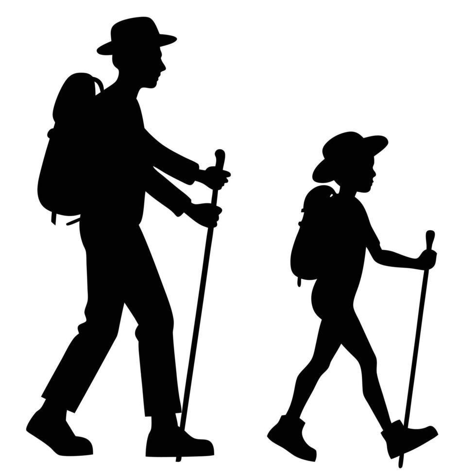 Father and child hiking silhouette with backpacks and walking sticks adventure vector