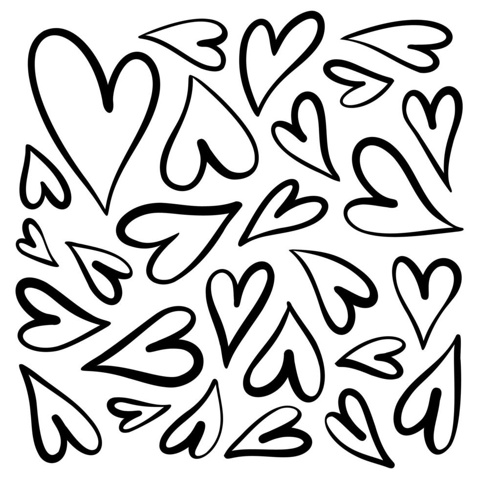 Hand drawn heart doodles set with black ink calligraphy lines on white background vector