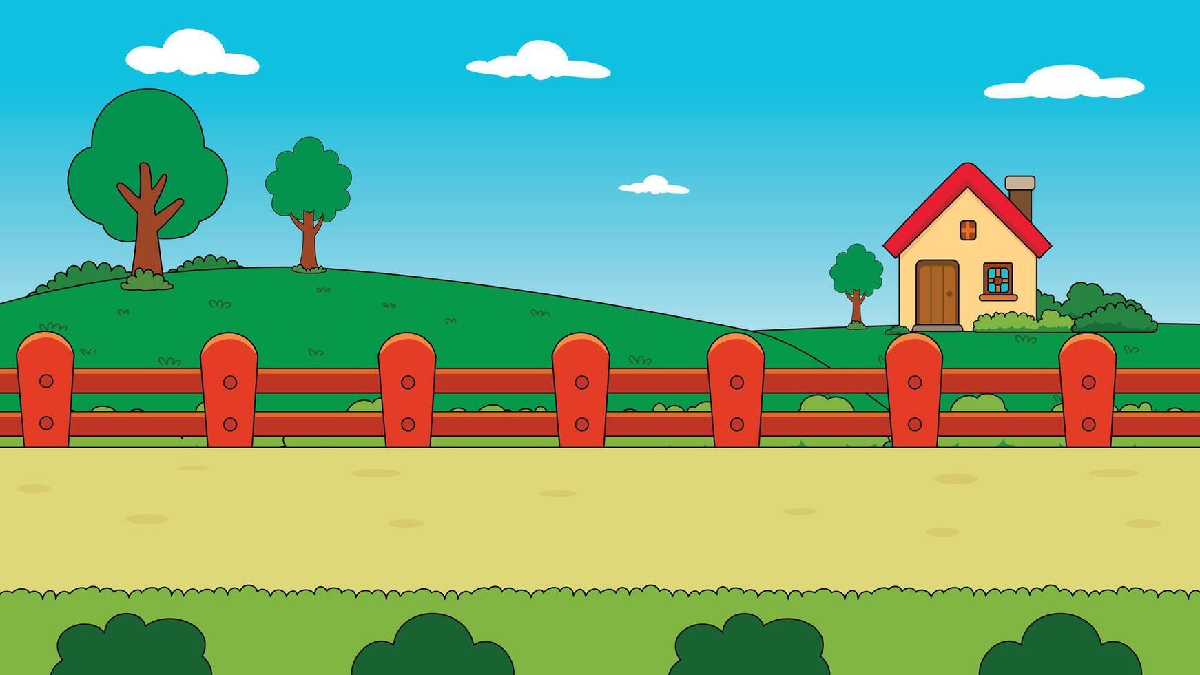 Cartoon landscape with a house, trees, and a fence vector