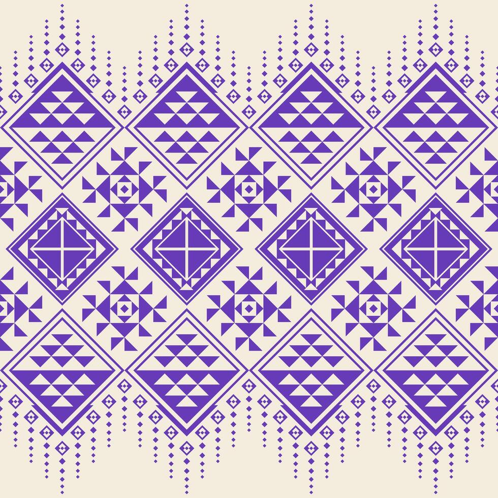 Tribal pattern with purple geometric shapes on cream. Features diamonds, triangles and dotted details ideal for textiles, decor and cultural design projects. vector