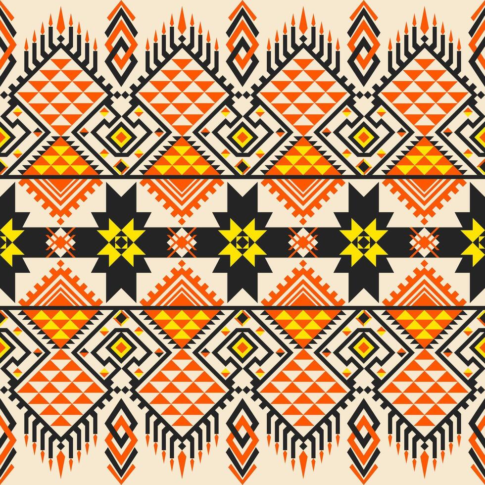 Tribal pattern with vibrant orange, yellow and black geometric designs on cream. Features diamonds, stars and triangles ideal for textiles, decor and ethnic design projects. vector