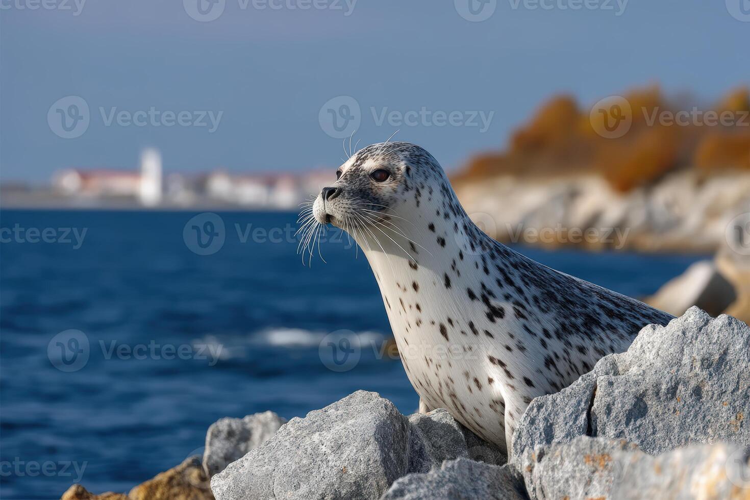 Seal resting on rocks by the coastline with a serene ocean backdrop on a sunny day photo