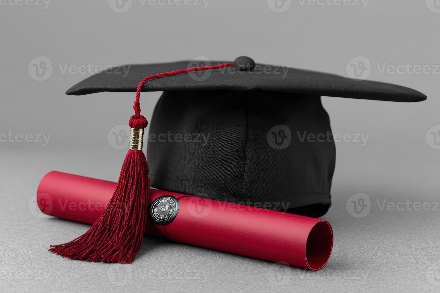 Graduates celebrate achievements with a cap and diploma displayed on a gray background photo