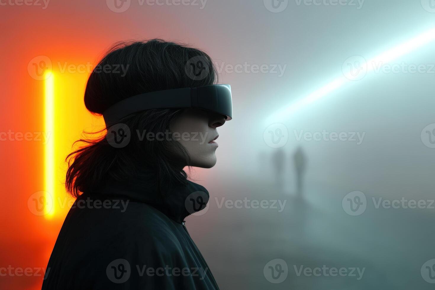 Person wearing virtual reality headset in foggy environment with neon lights at night photo