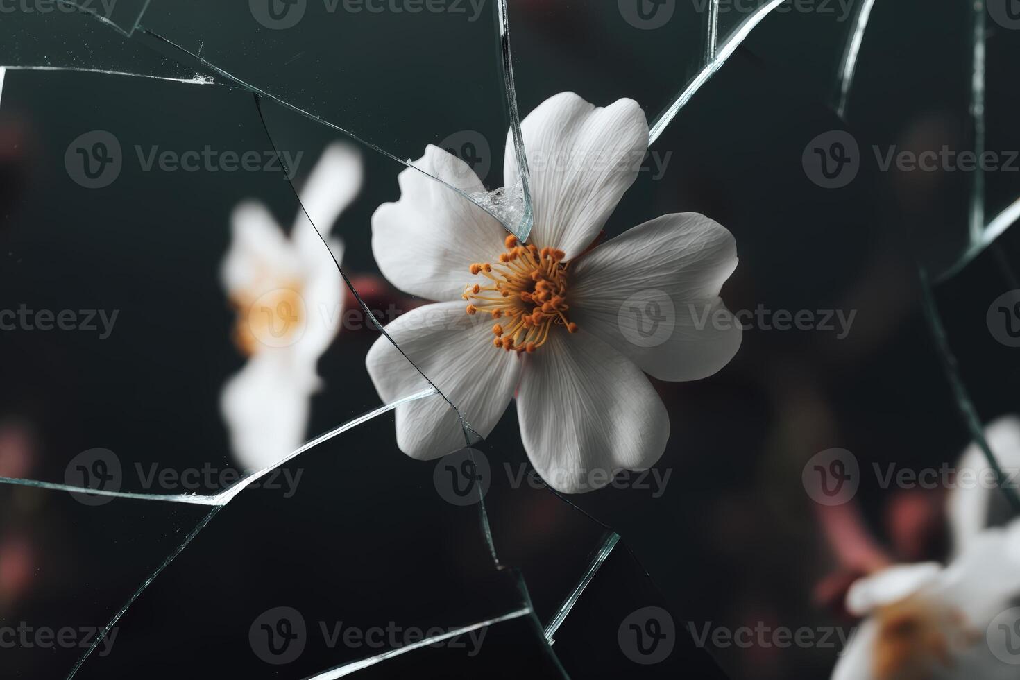 Beautiful white flower surrounded by shattered glass creating a striking visual contrast photo