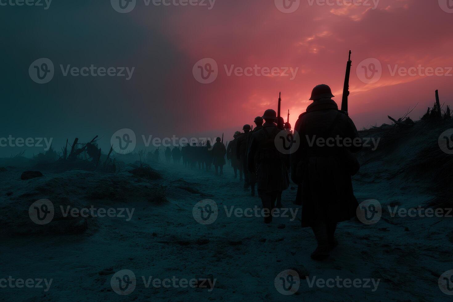 Soldiers march through foggy landscape under a dramatic sunset after a long day of conflict photo