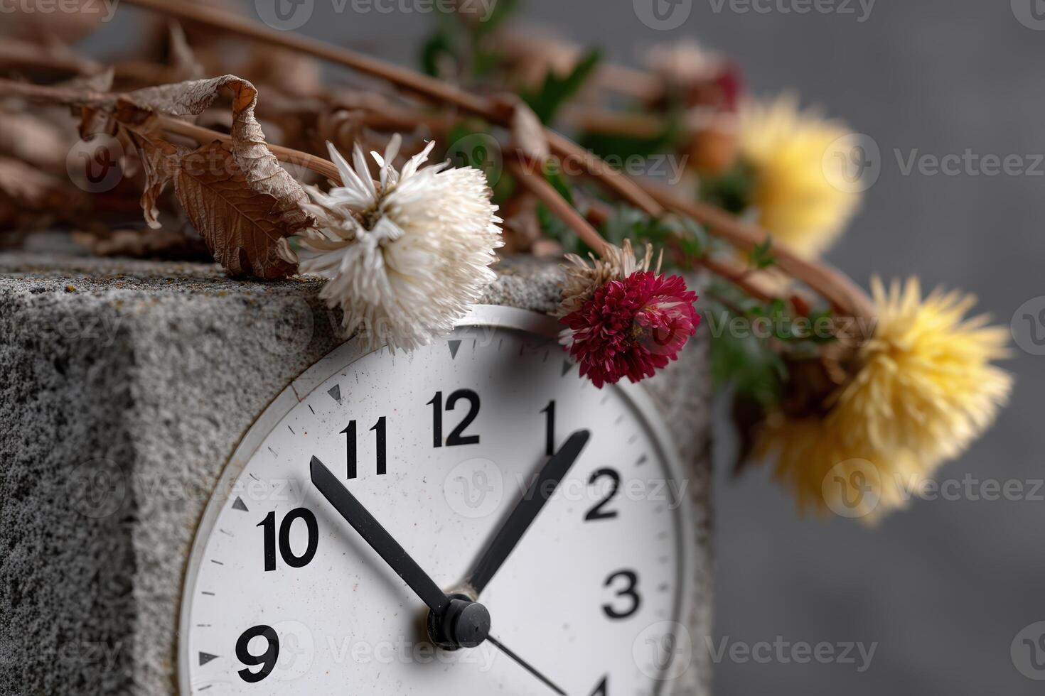 Flowers and clock display the passage of time in a serene indoor setting photo