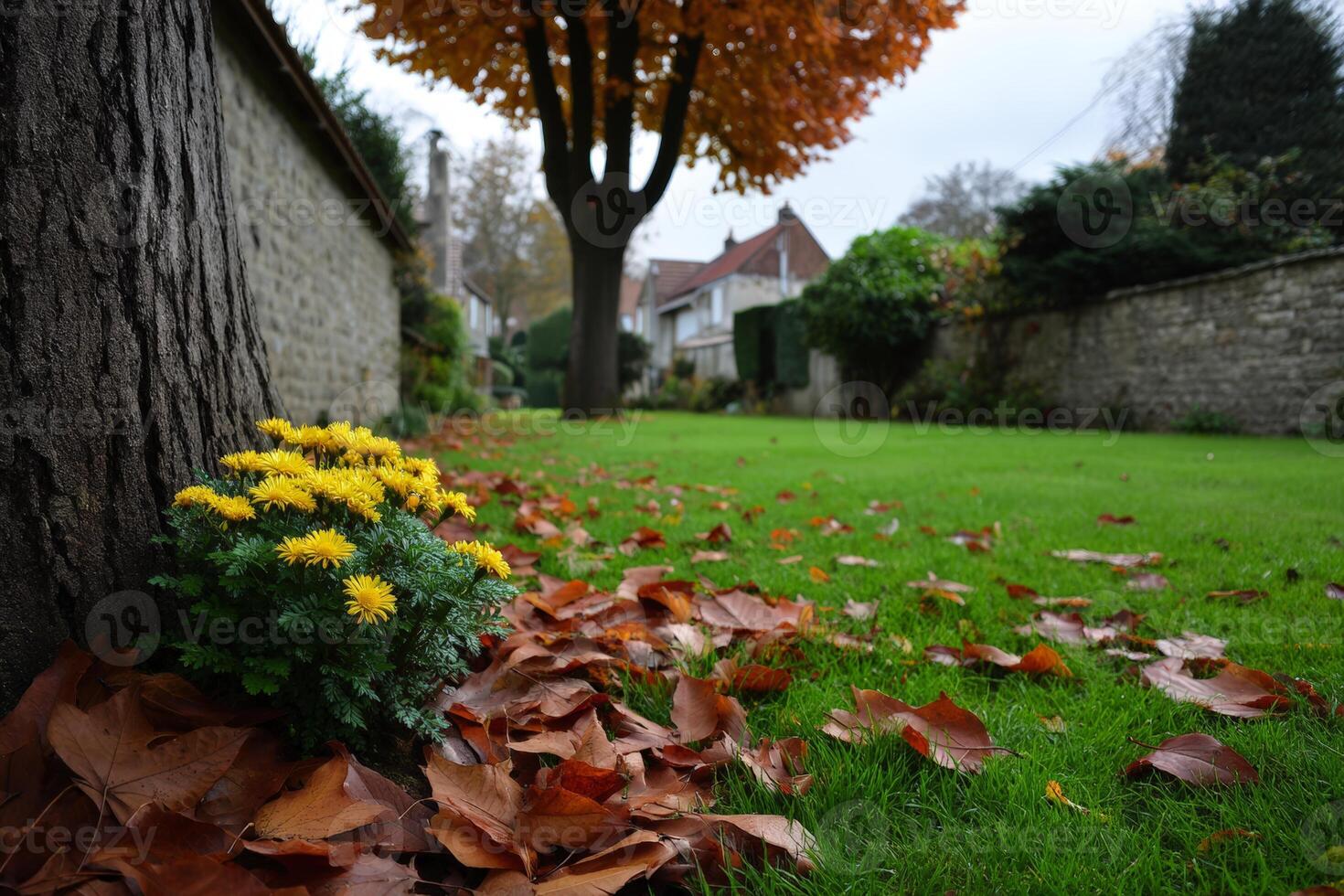 Fall garden with yellow flowers and fallen leaves in a tranquil setting during autumn afternoon photo