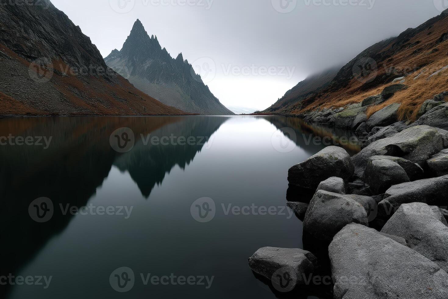 Serene mountain lake reflecting jagged peaks under cloudy sky at dawn in tranquil landscape photo