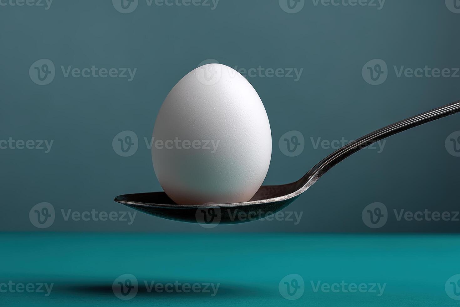 White egg balanced on a silver spoon against a teal background in a simple still life arrangement photo