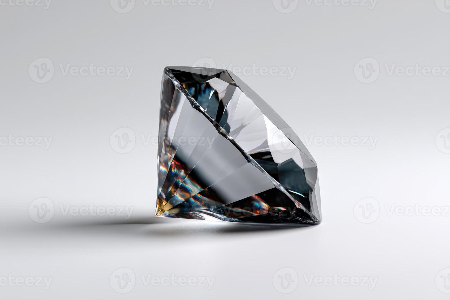 Crystal diamond placed on a smooth surface reflecting colorful light photo