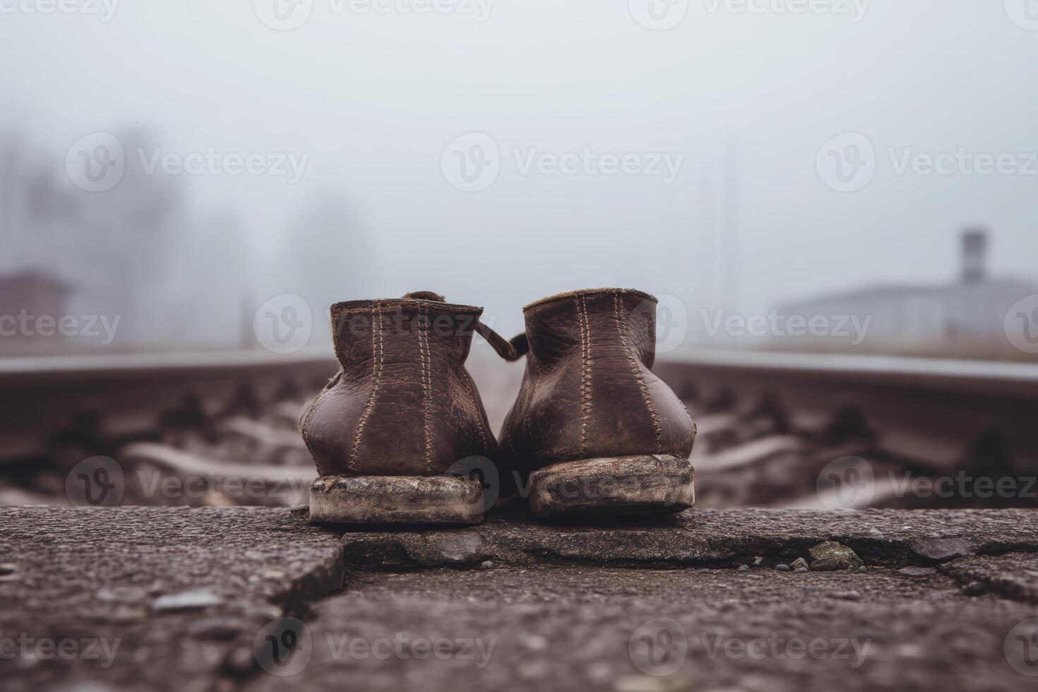 Footwear resting on railway tracks in foggy weather near an abandoned station photo
