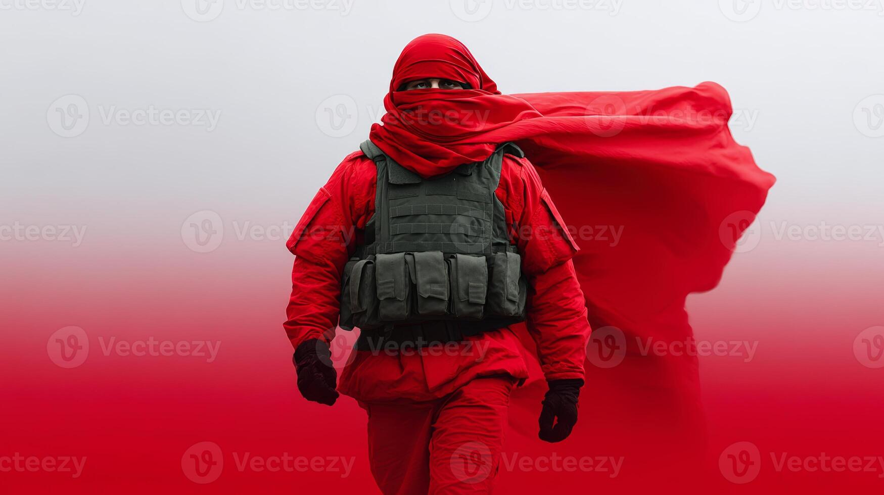 Red-cloaked figure walks through a misty landscape during a cloudy day photo