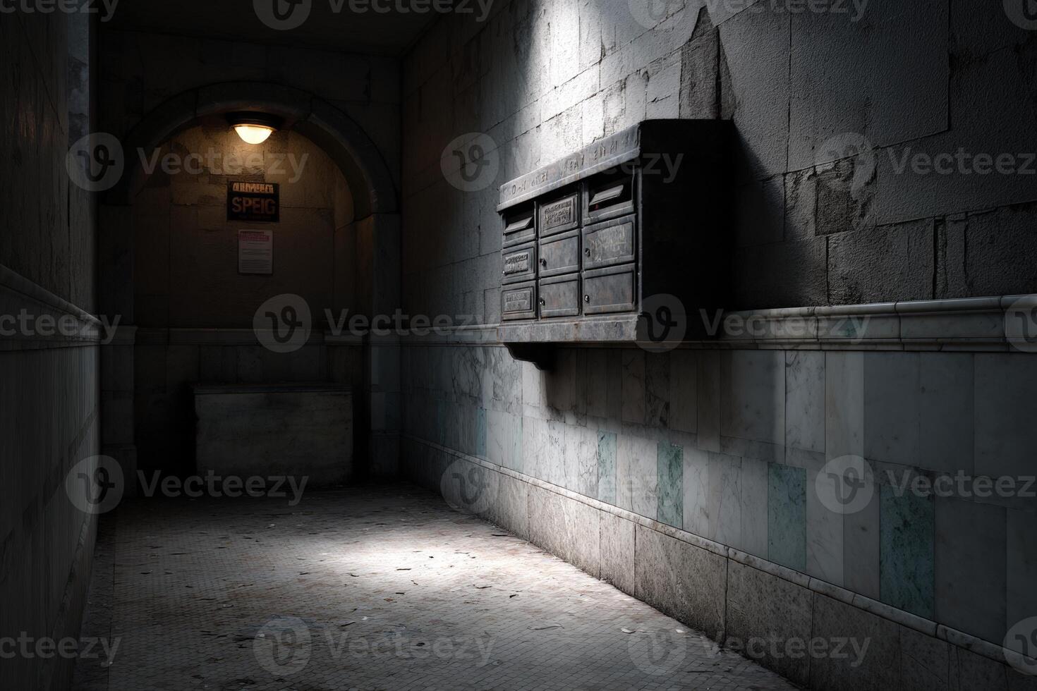 Empty corridor with vintage mailboxes in a dimly lit urban setting photo