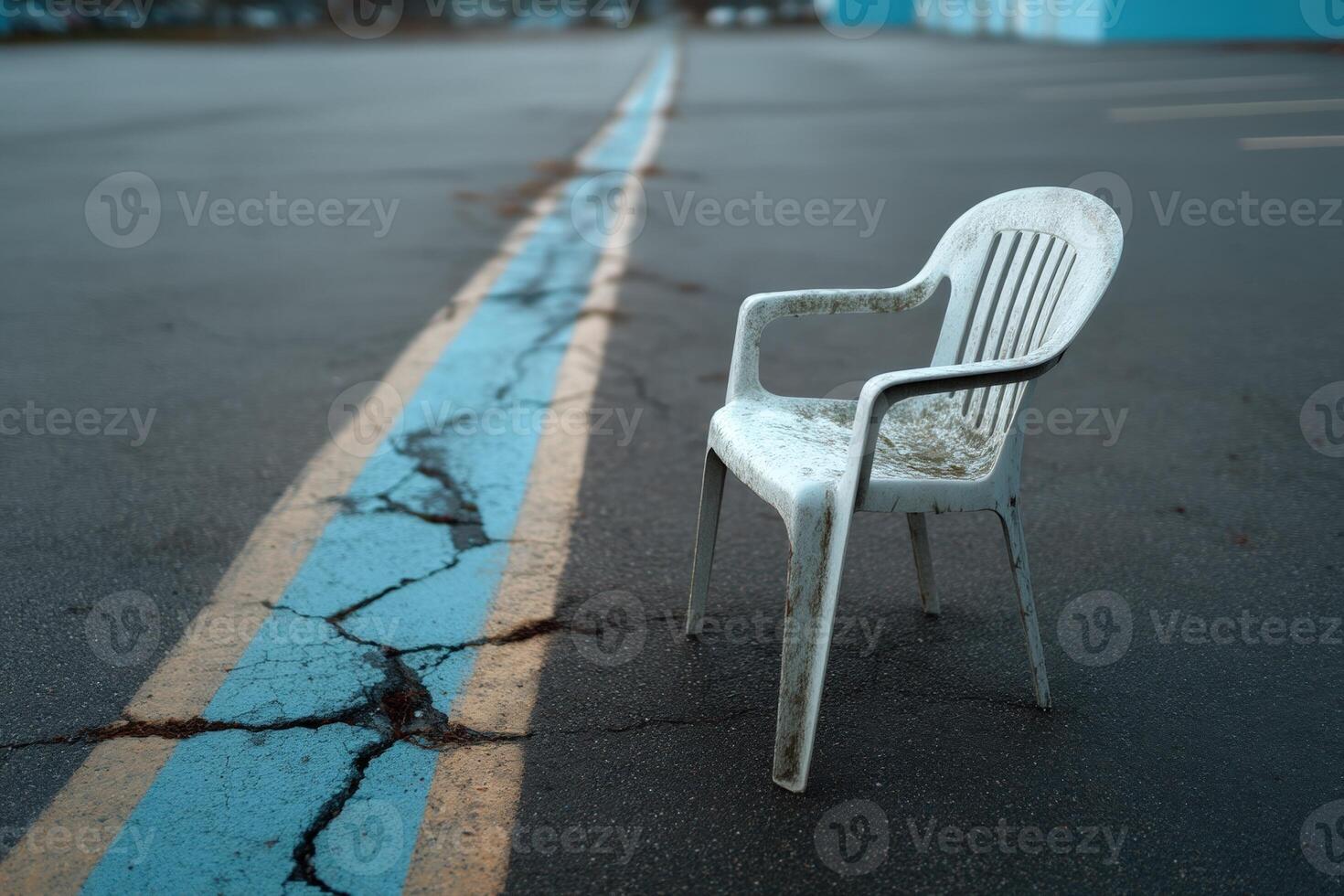 Empty plastic chair sits alone on cracked pavement beside a blue line in an abandoned area photo