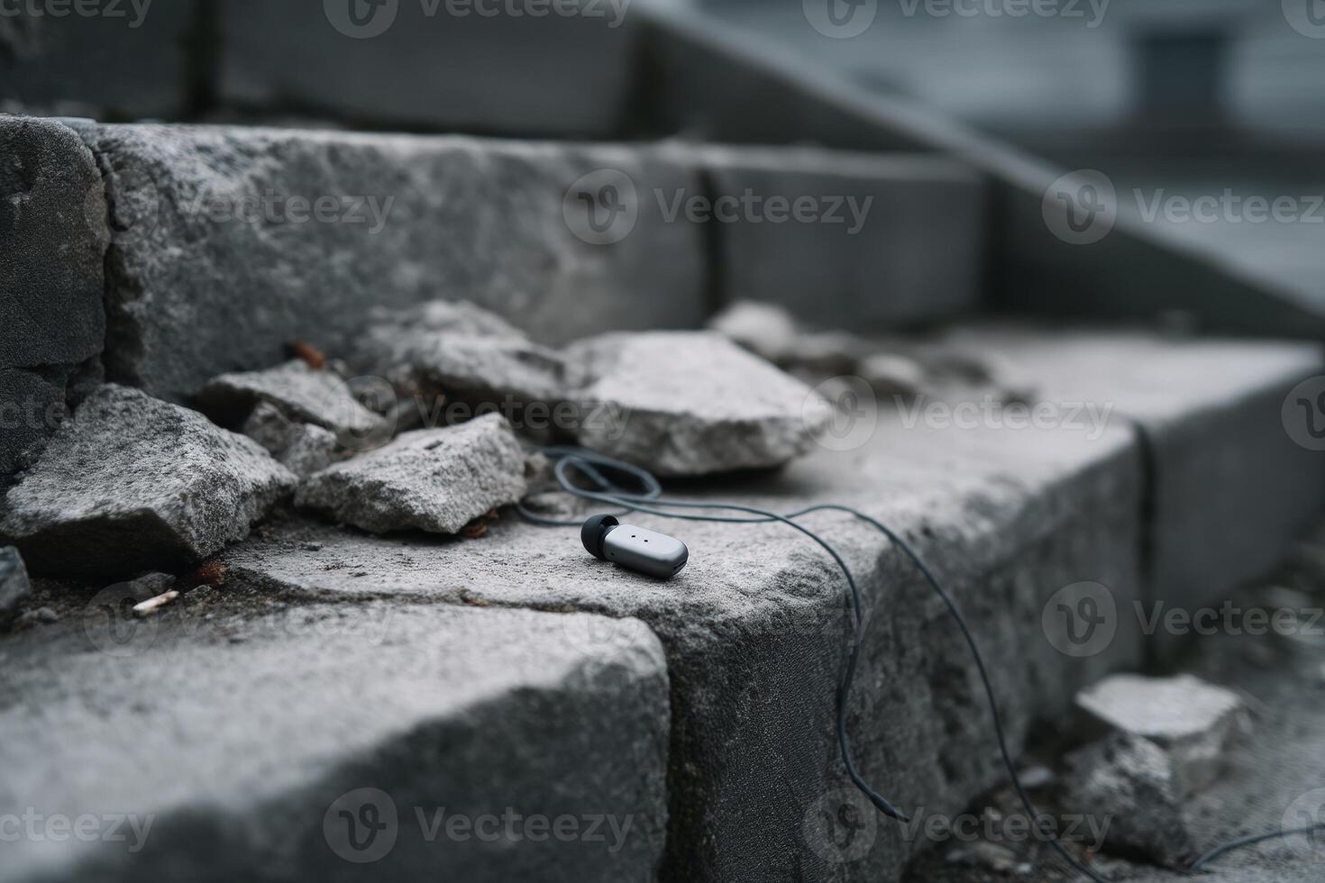 Earbuds resting on weathered steps surrounded by broken stones during a cloudy day photo