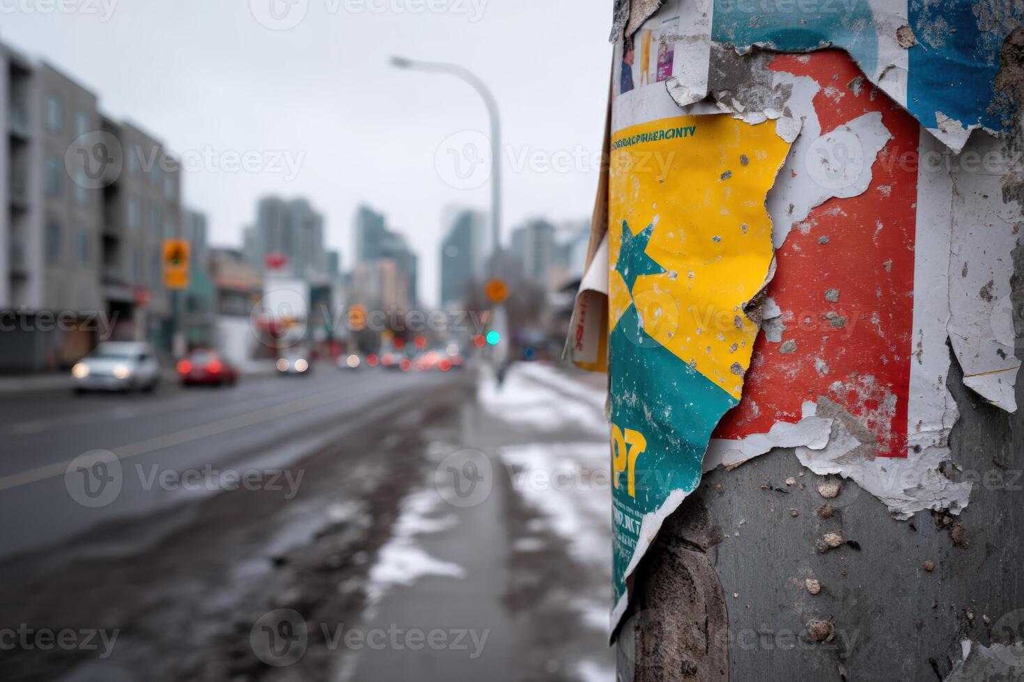Torn posters on a street pole in a snowy urban setting during a chilly afternoon photo