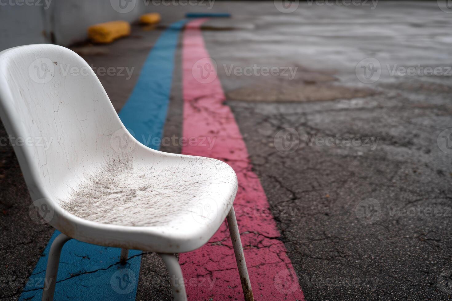 White chair placed on cracked pavement beside blue and pink lines near an empty parking area photo