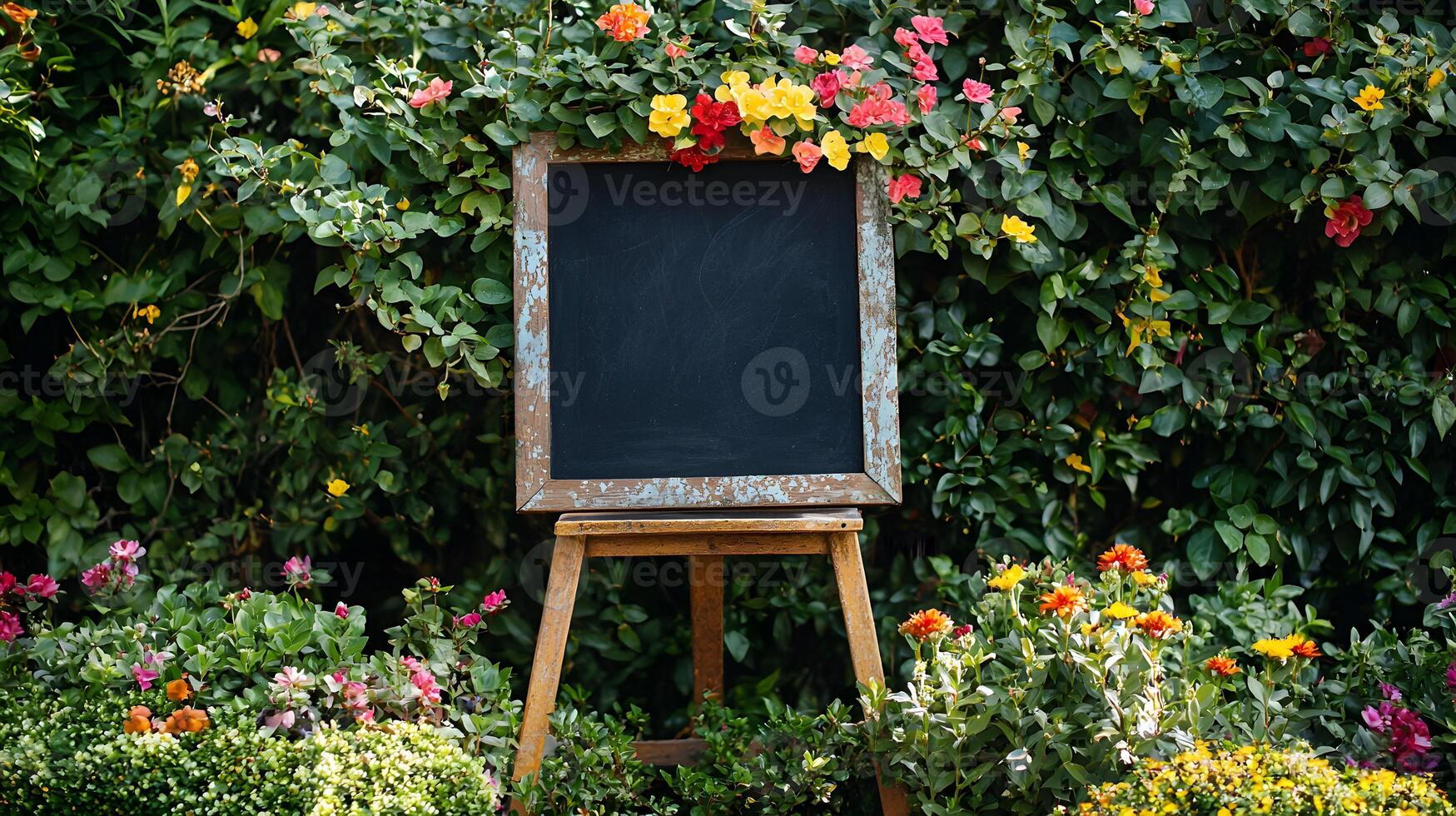 Serene Garden with Blank Chalkboard Frame photo