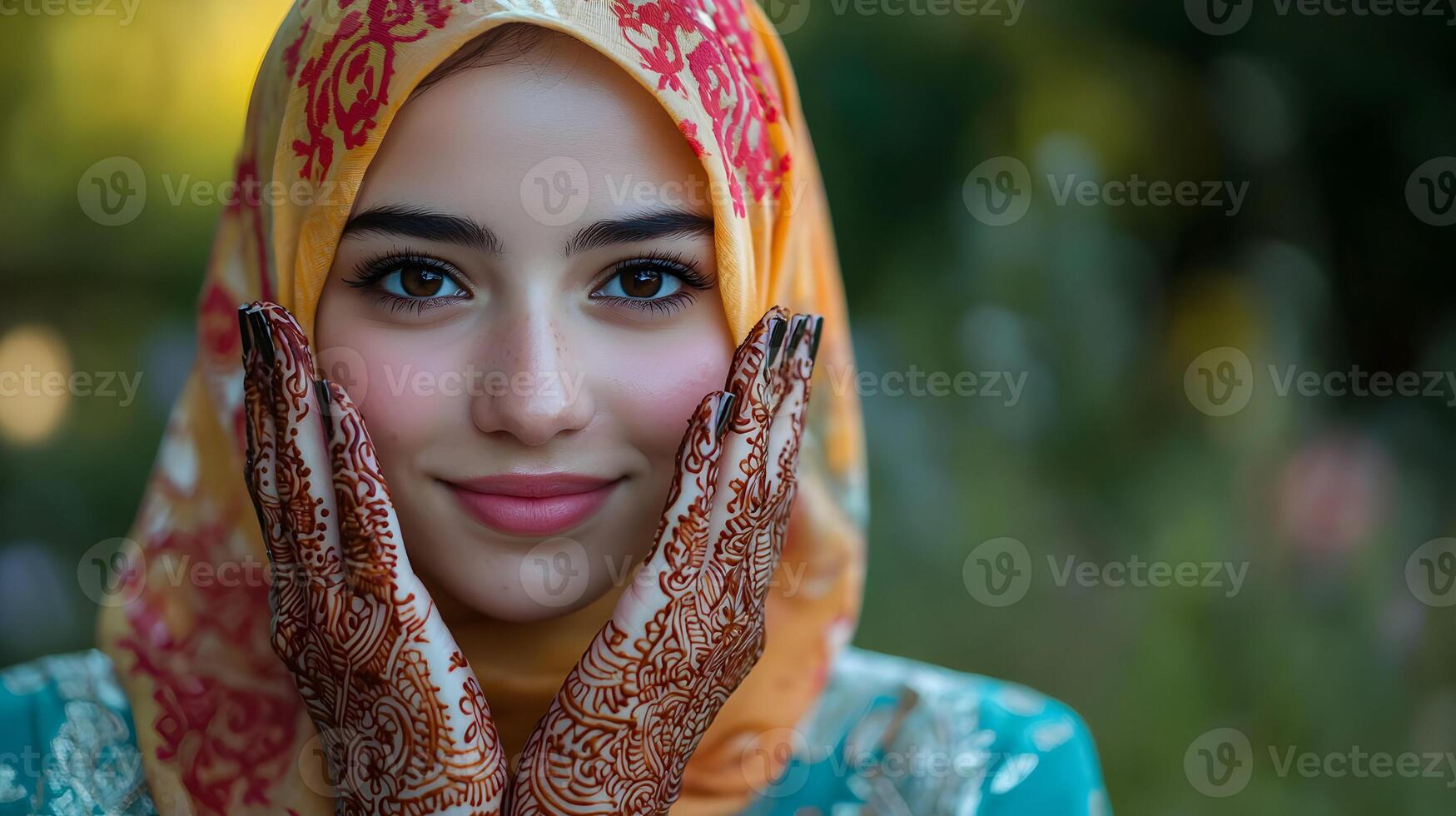 Young Woman with Intricate Henna Design on Hands photo