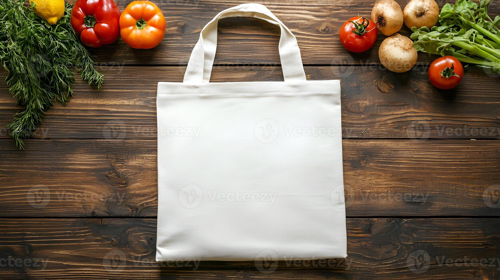 Blank Cotton Bag on Wooden Surface with Fresh Vegetables photo