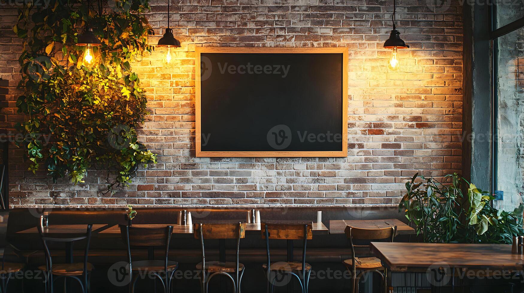 Trendy Urban Cafe with Blank Chalkboard Menu photo