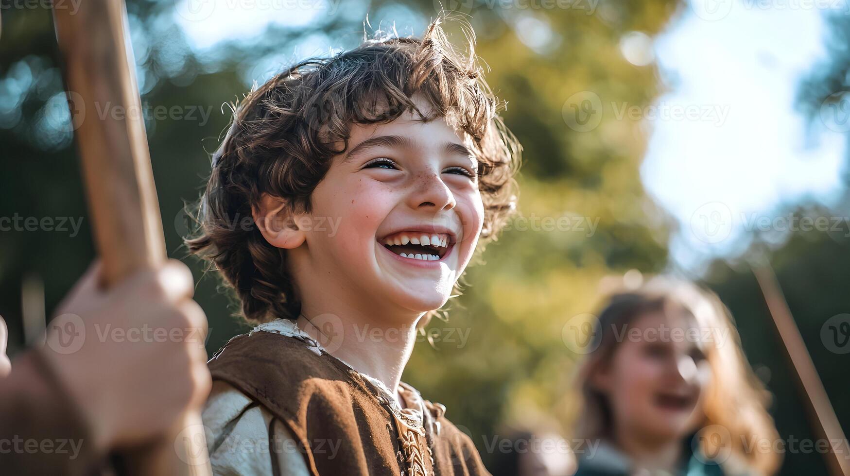 Joyful Boy Dressed as Medieval Knight with Wooden Sword photo
