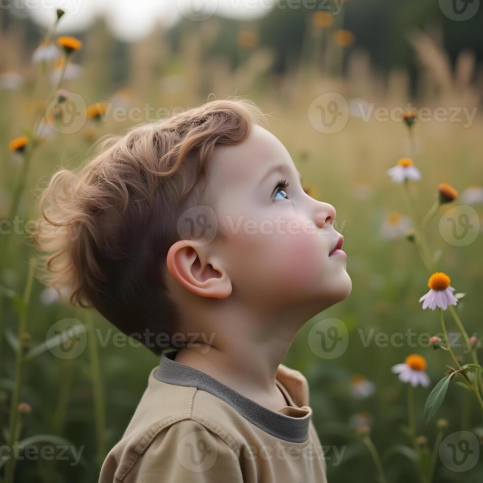 Young Child Gazing Upward in a Wildflower Field with Dreamy Expression photo