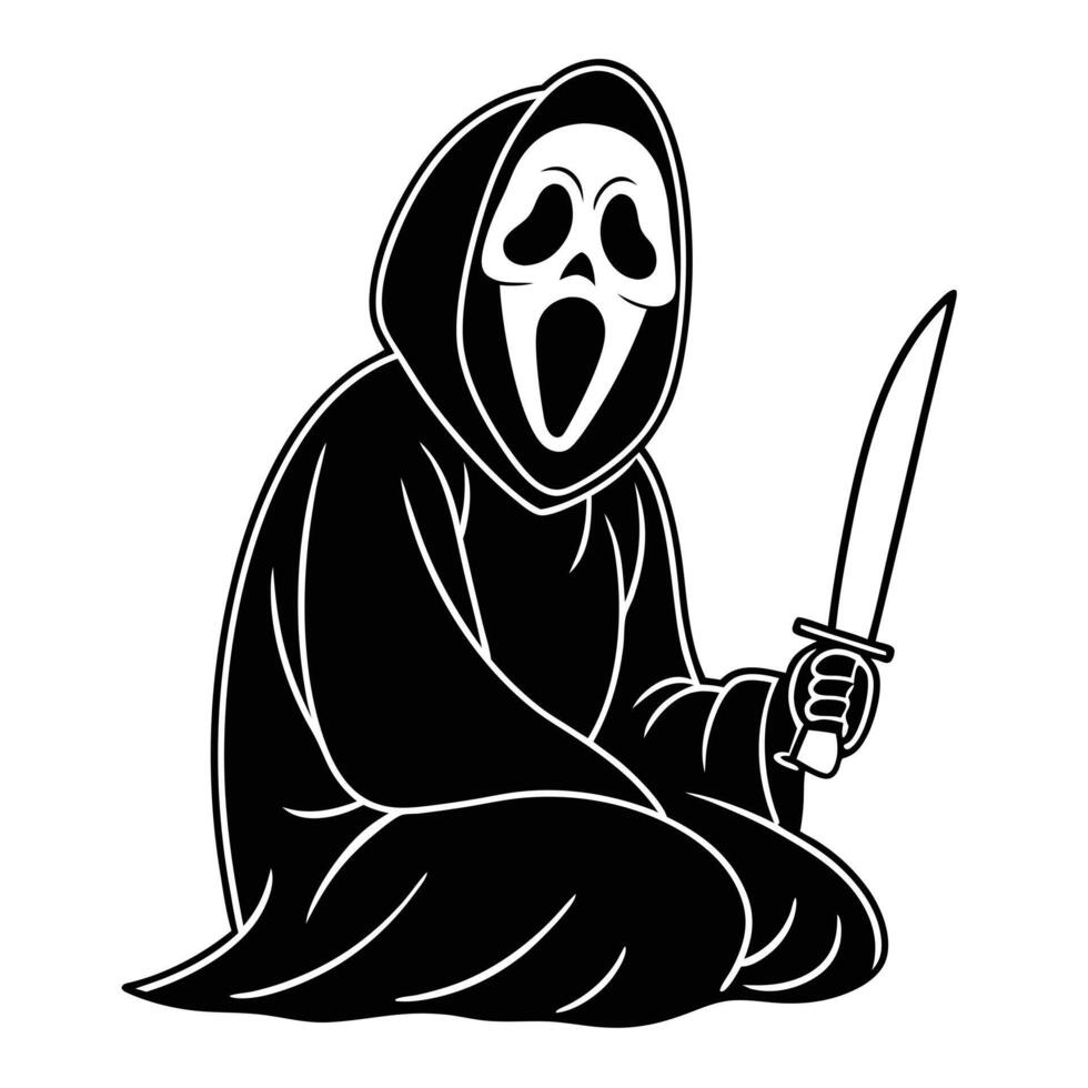 Black and white illustration of grim reaper with knife for halloween vector
