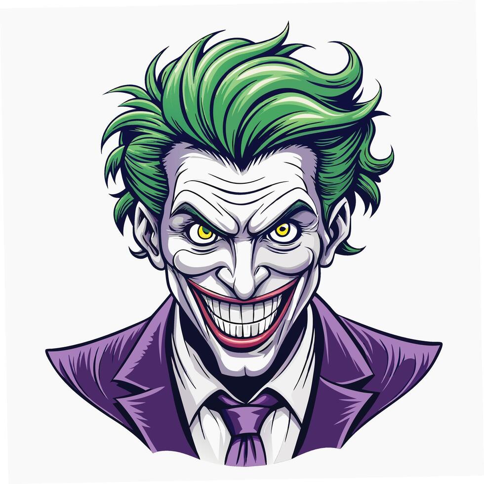 Villainous joker face with purple suit and sinister smile for comic book projects vector