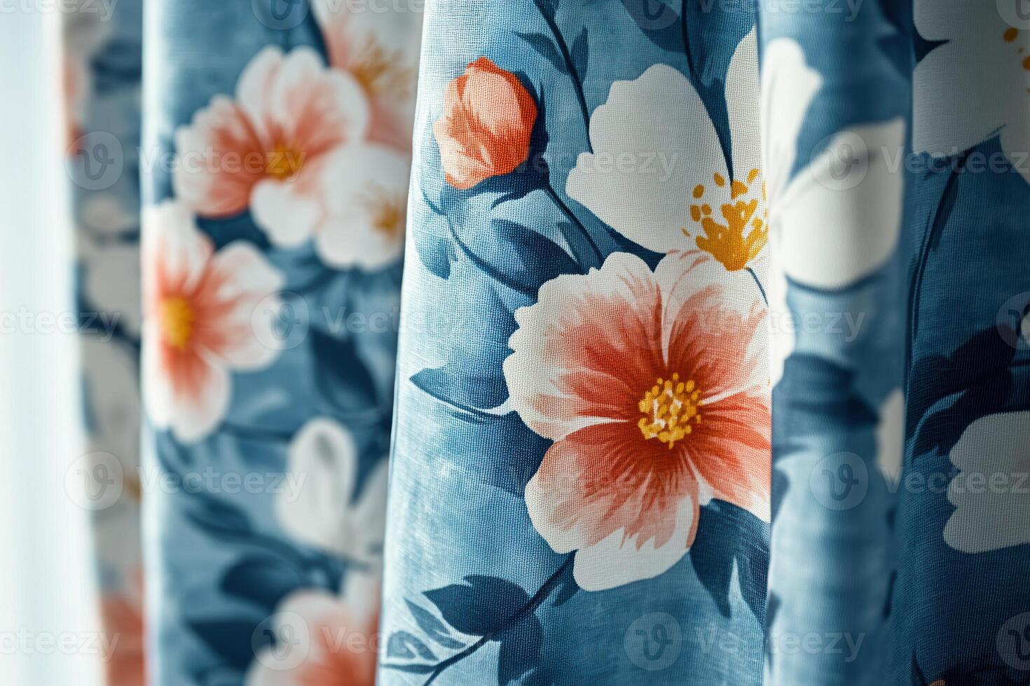 Bright floral curtains add charm and warmth to a cozy interior space with natural lighting photo