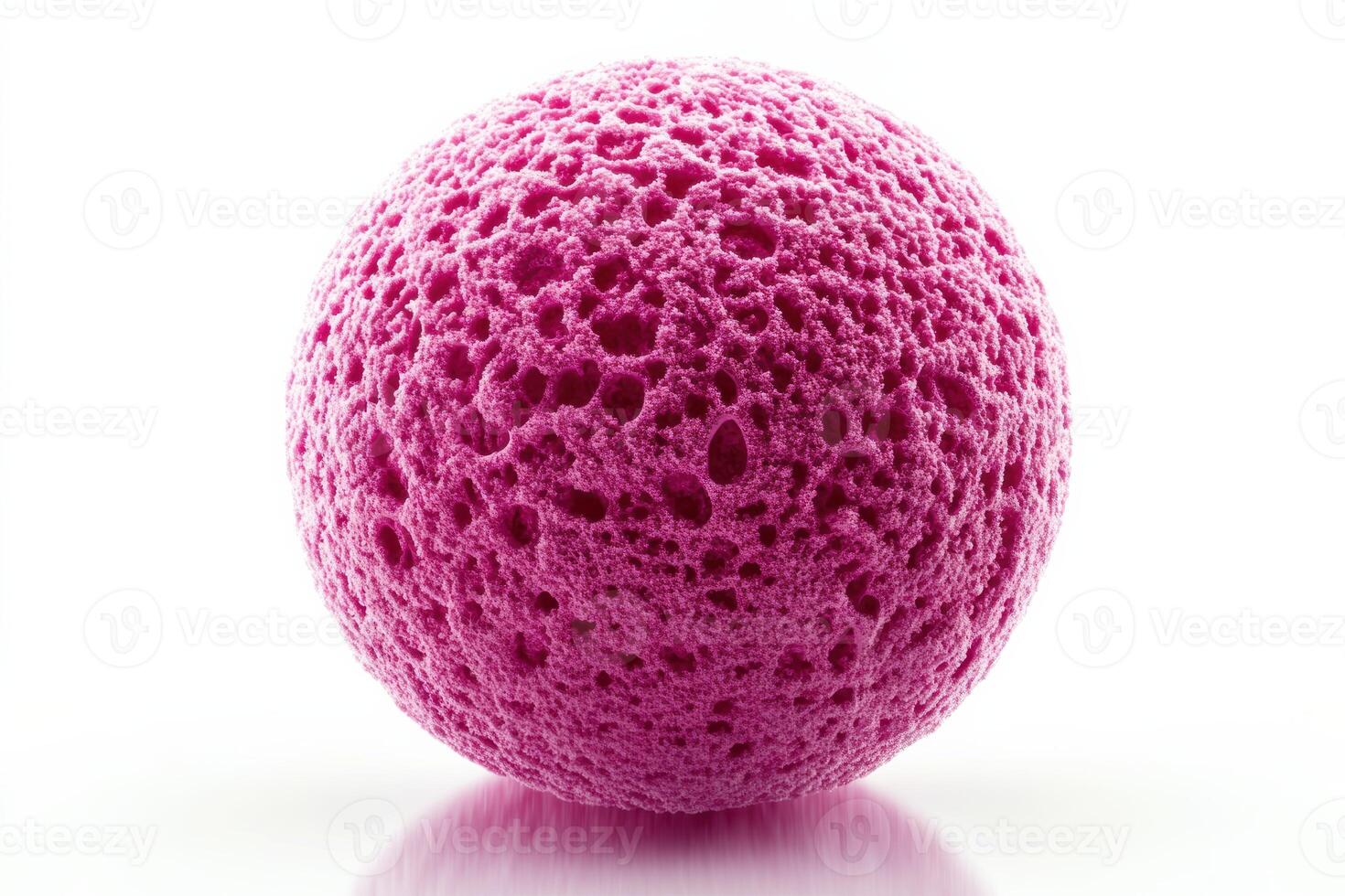 Bright pink sponge ball on a reflective surface showcasing texture and color details photo