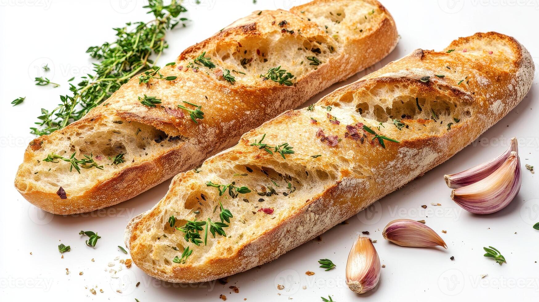 Freshly baked bread with garlic and herbs on a white background showcasing artisan craftsmanship and quality ingredients photo