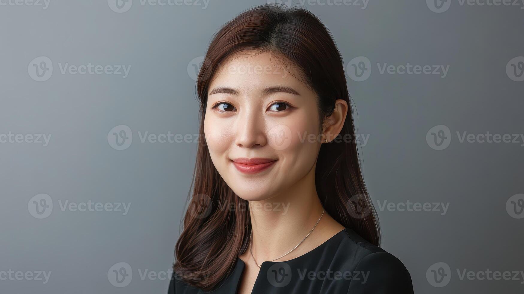 Woman smiles confidently while posing against a neutral gray background in a professional setting photo