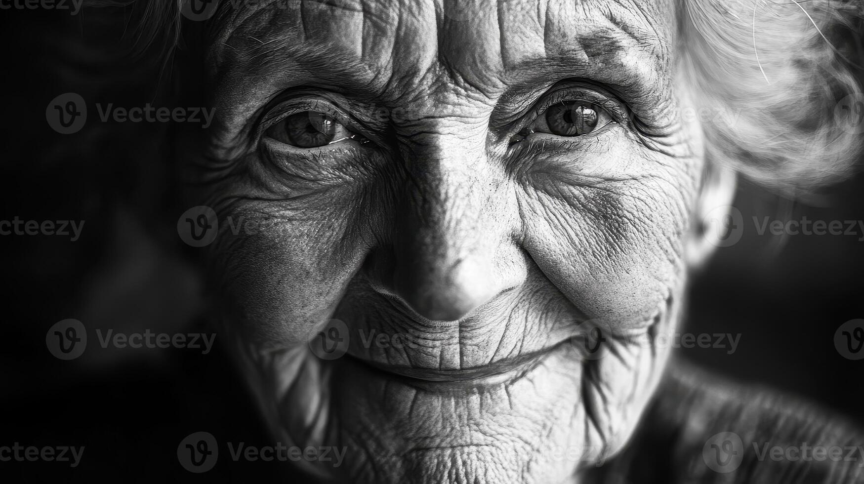 Portrait of an elderly woman with expressive wrinkles and a warm smile captured in a close-up shot photo