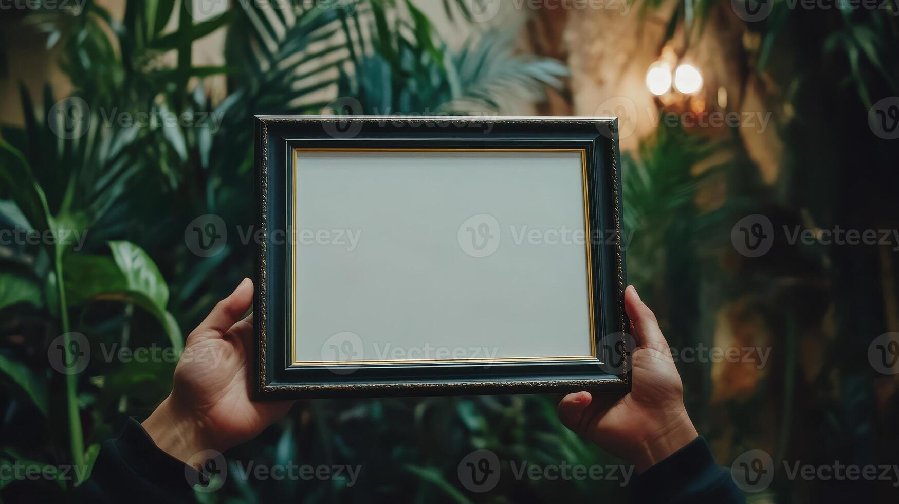 A person holds an empty framed picture in a lush green setting with soft lighting, conveying a sense of anticipation and creativity photo