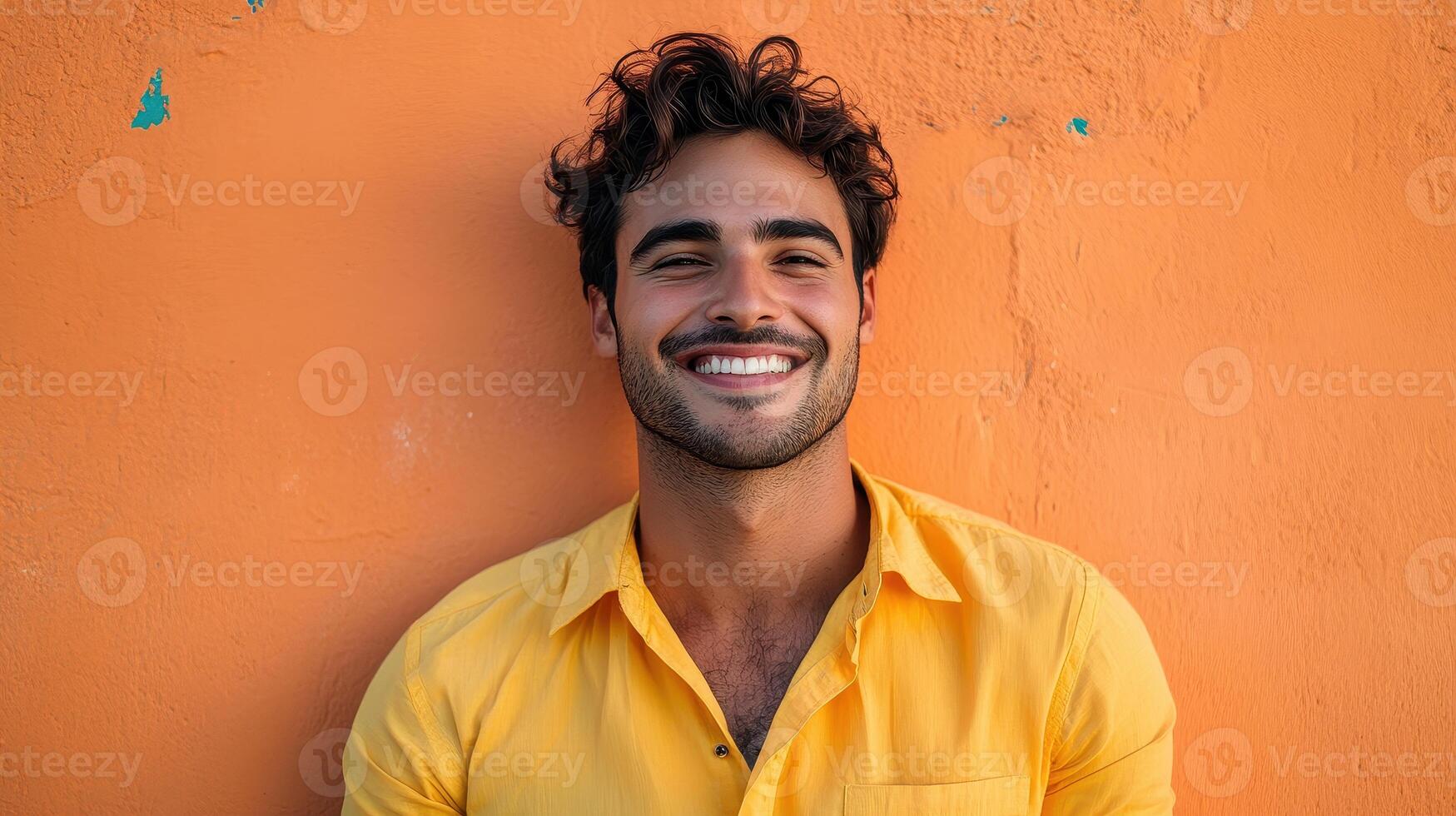 A man is smiling while standing in front of an orange wall photo