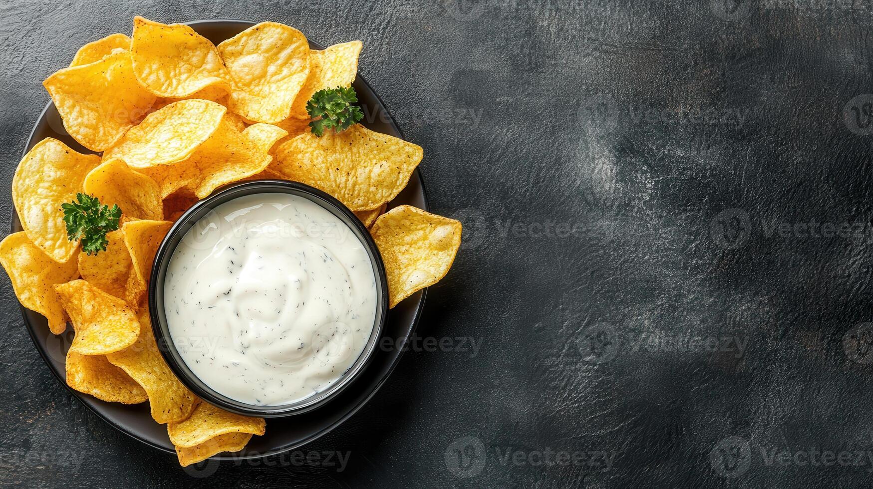 Dip chips in a bowl with a spoon on a black background photo