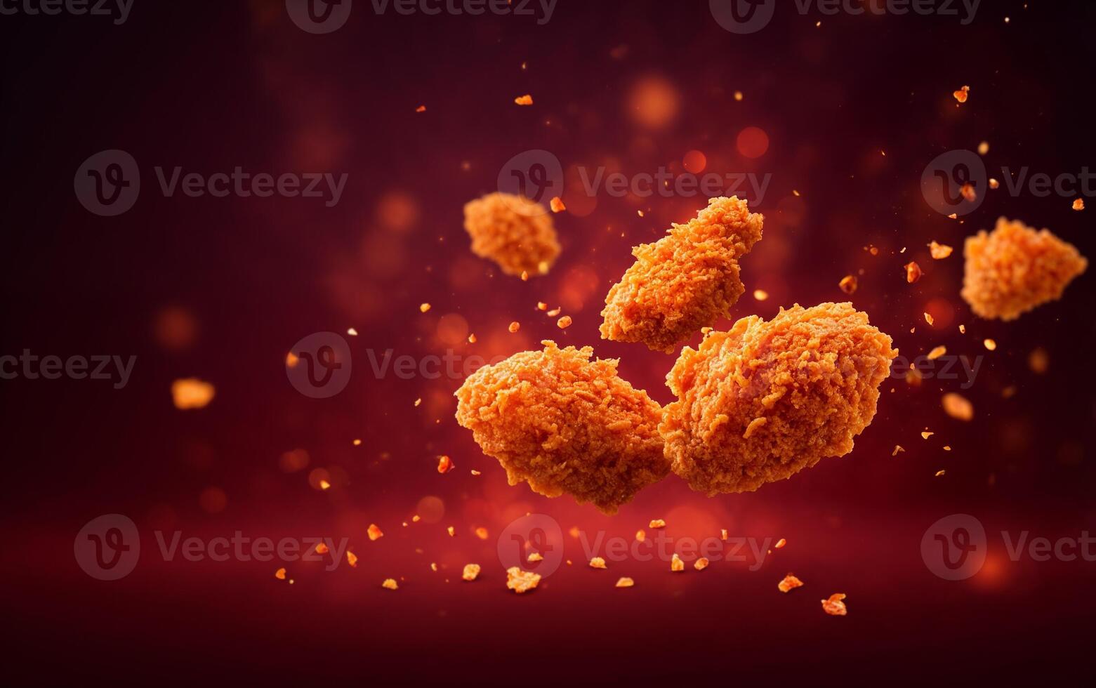 Fried chicken pieces hover in the air with a backdrop of spices and warmth photo