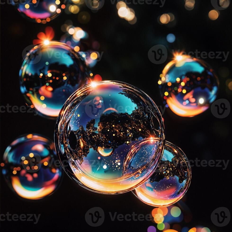 Colorful Bubbles Floating in a Dark Backdrop photo