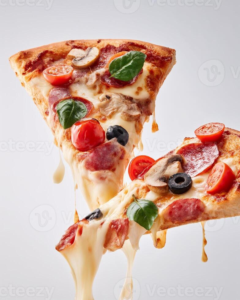 Savory pizza slices topped with vegetables and cheese are beautifully arranged. photo